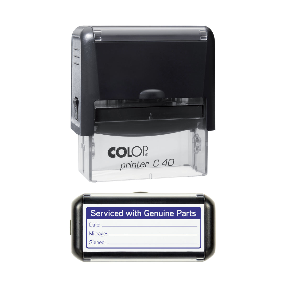 Serviced With Genuine Parts - Self Inking Rubber Stamp - COLOP C40 - 58 × 22 mm Impression — violet ink