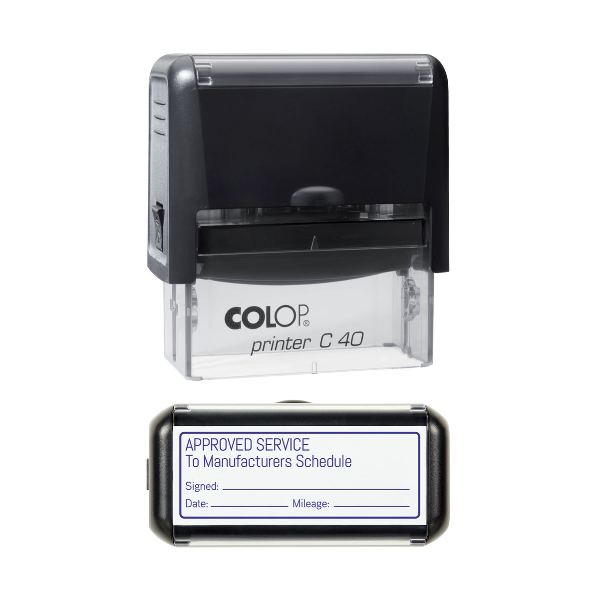 Approved Service To Manufacturers Schedule - Self Inking Rubber Stamp - COLOP C40 - 58 × 22 mm Impression — violet ink