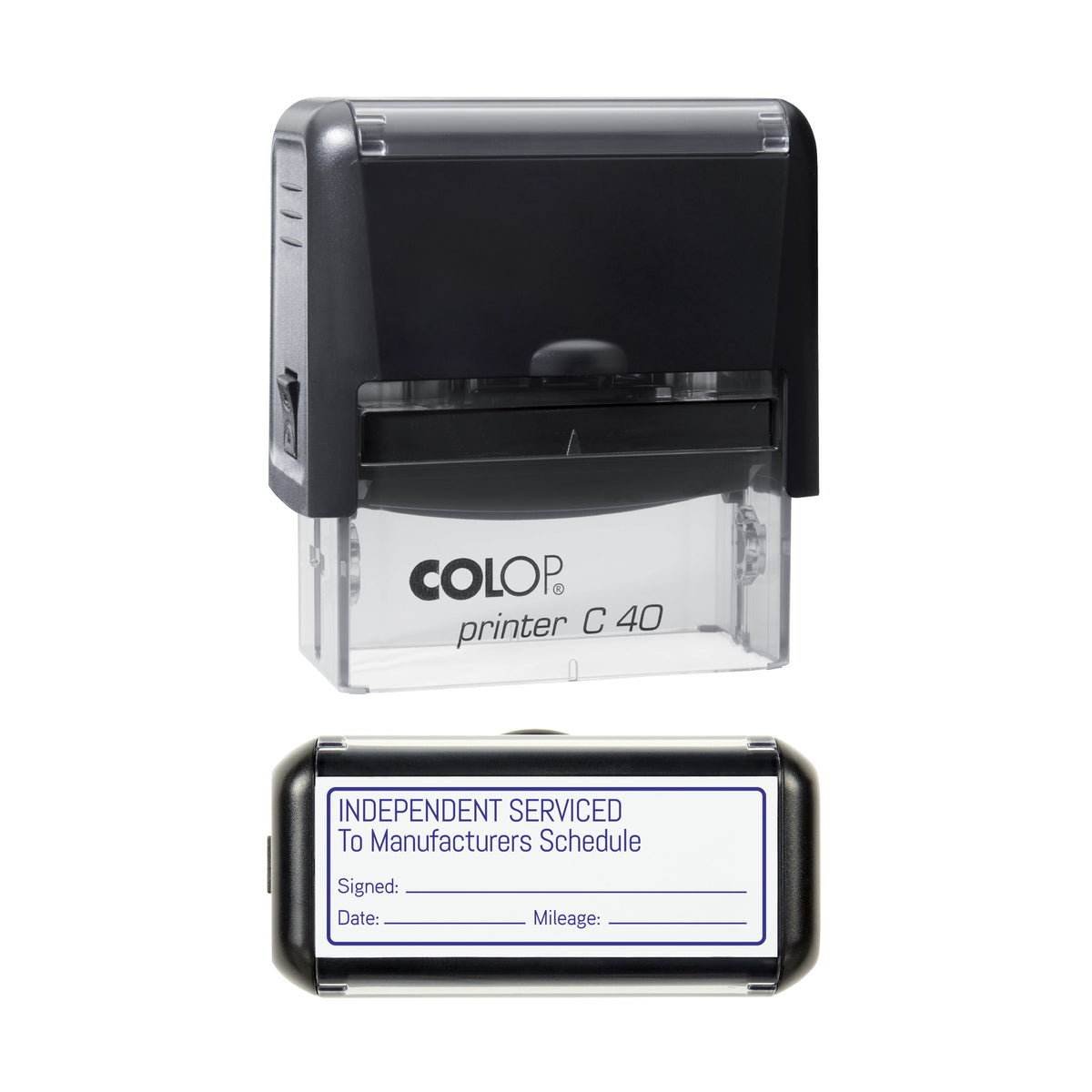 Independent Serviced To Manufacturers Schedule - Self Inking Rubber Stamp - COLOP C40 - 58 × 22 mm Impression — violet ink