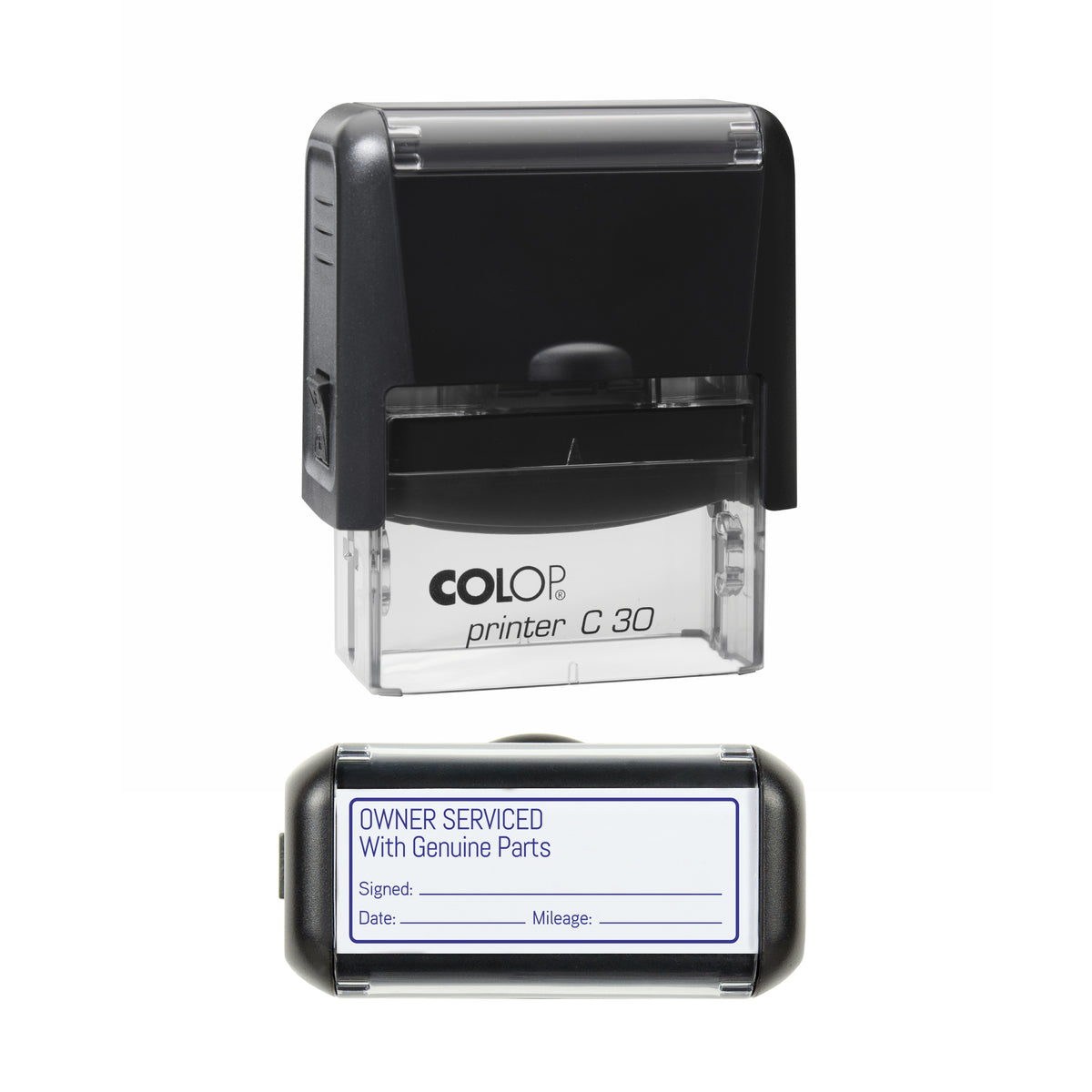 Owner Serviced With Genuine Parts COLOP C30 violet ink impression