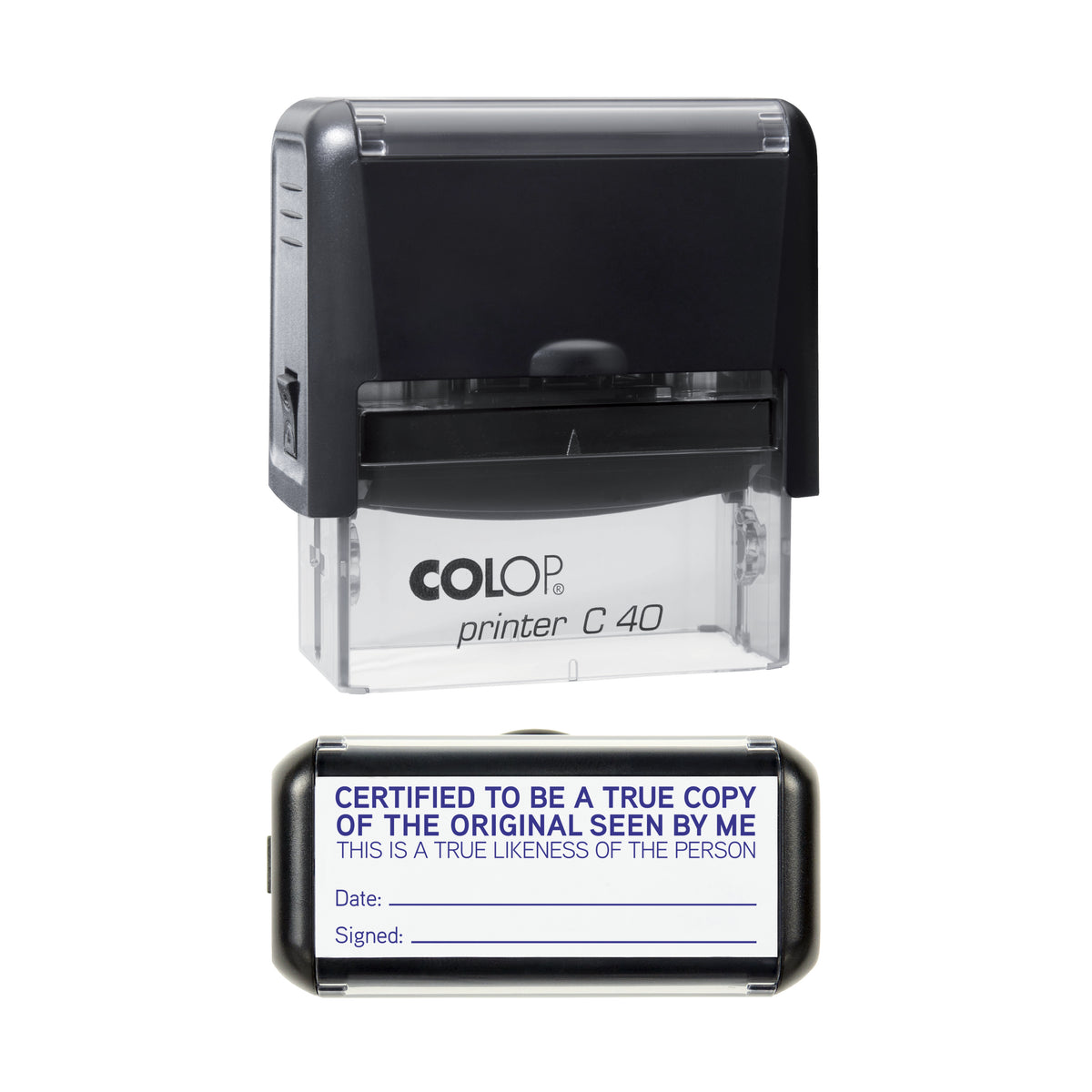 Certified True Copy and True Likeness COLOP C40 violet ink impression