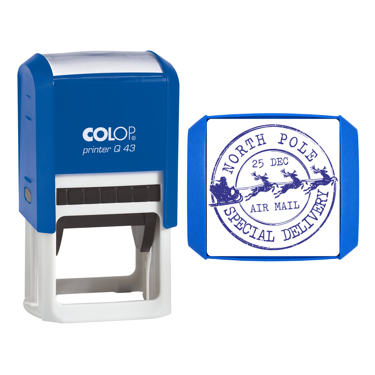 North Pole Air Mail Special Delivery on COLOP Q43 stamp, violet ink