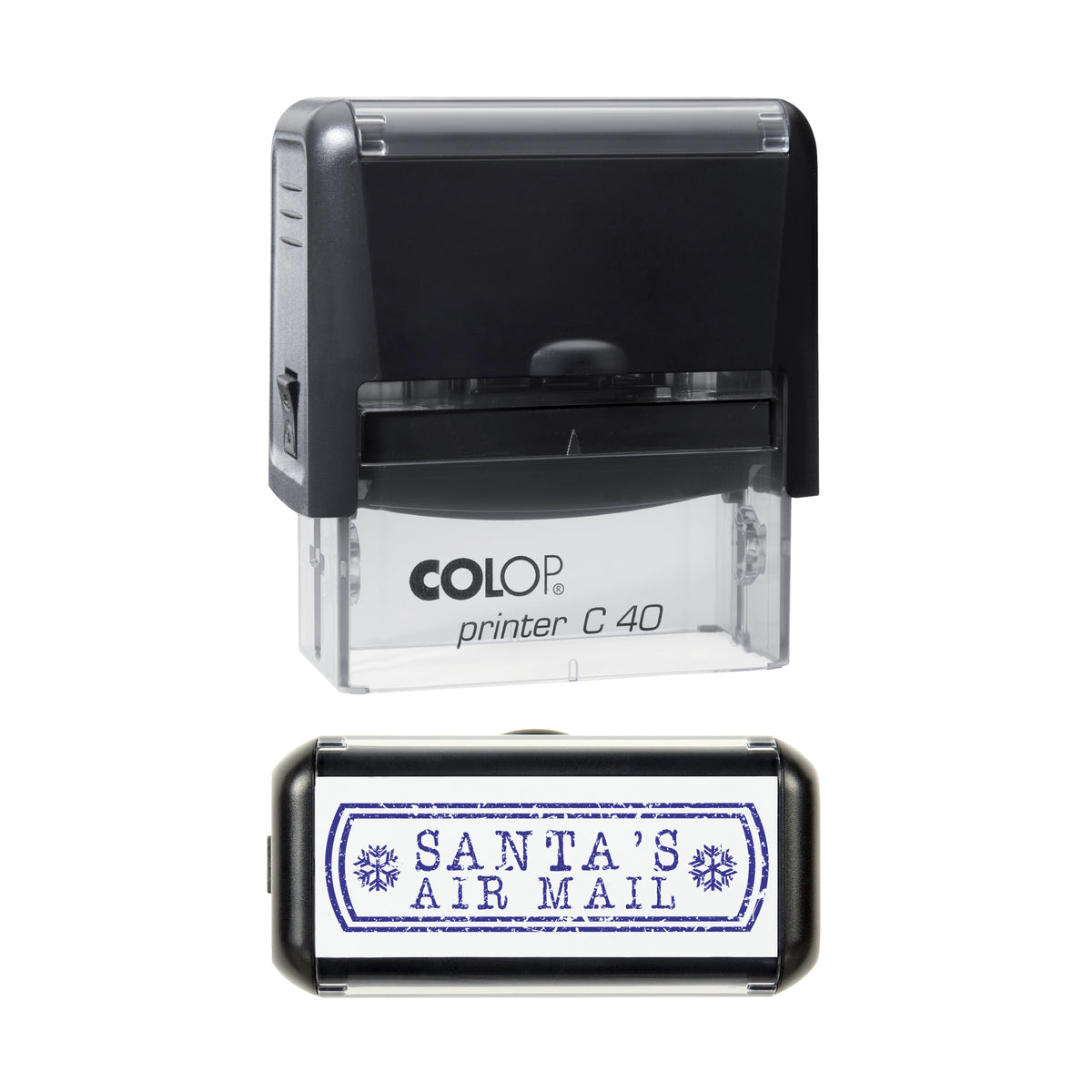 Santa's Workshop on COLOP C40 stamp, violet ink