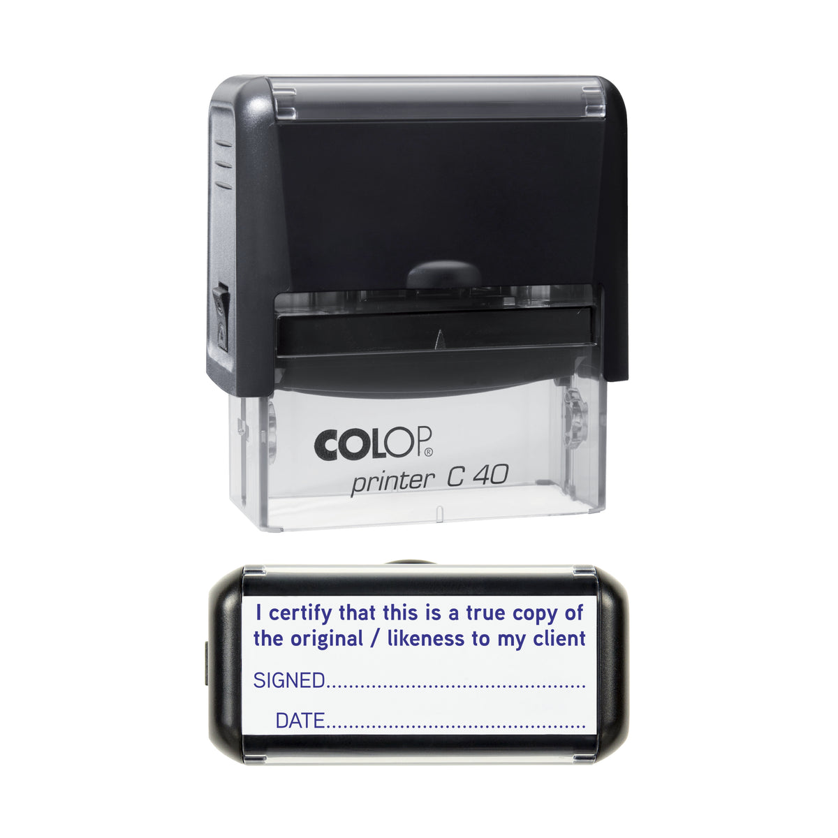 Stamp showing the True Copy of Original for Client - Signed and Dated design, 58 x 22mm COLOP C40 self-inking stamp, violet ink