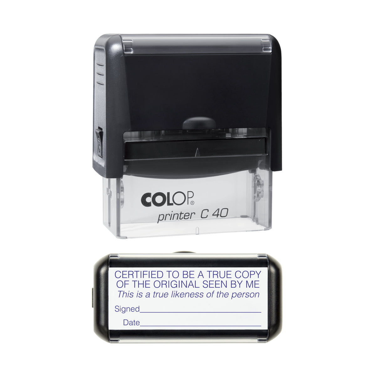 Certified Original True Copy True Likeness of the Person - COLOP C40 58 x 22mm self-inking stamp - Violet ink