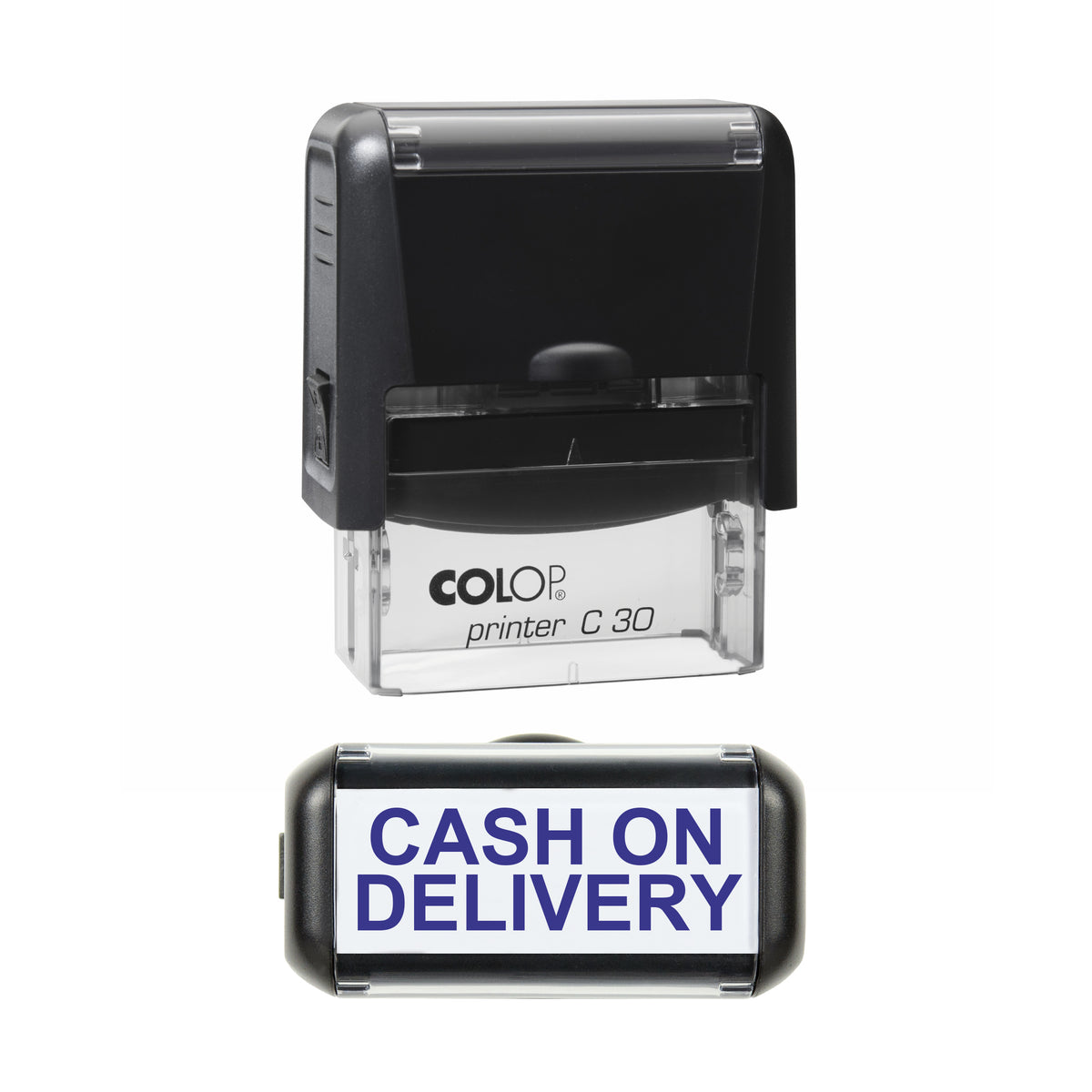 Stamp showing the Cash on Delivery design, 45 x 18mm COLOP C30 self-inking stamp, violet ink