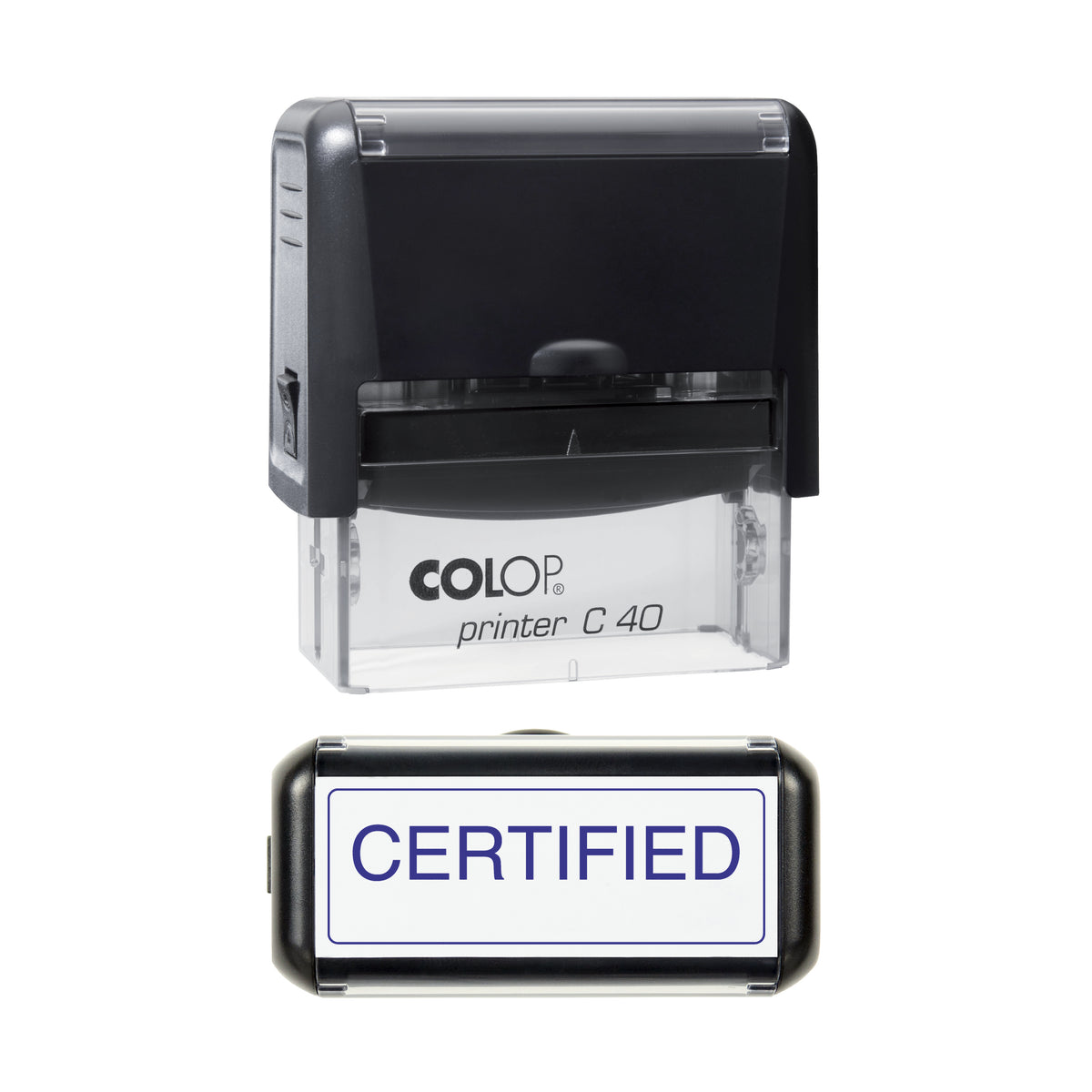 COLOP C40 CERTIFIED stamp impression in violet ink, 58 × 22 mm