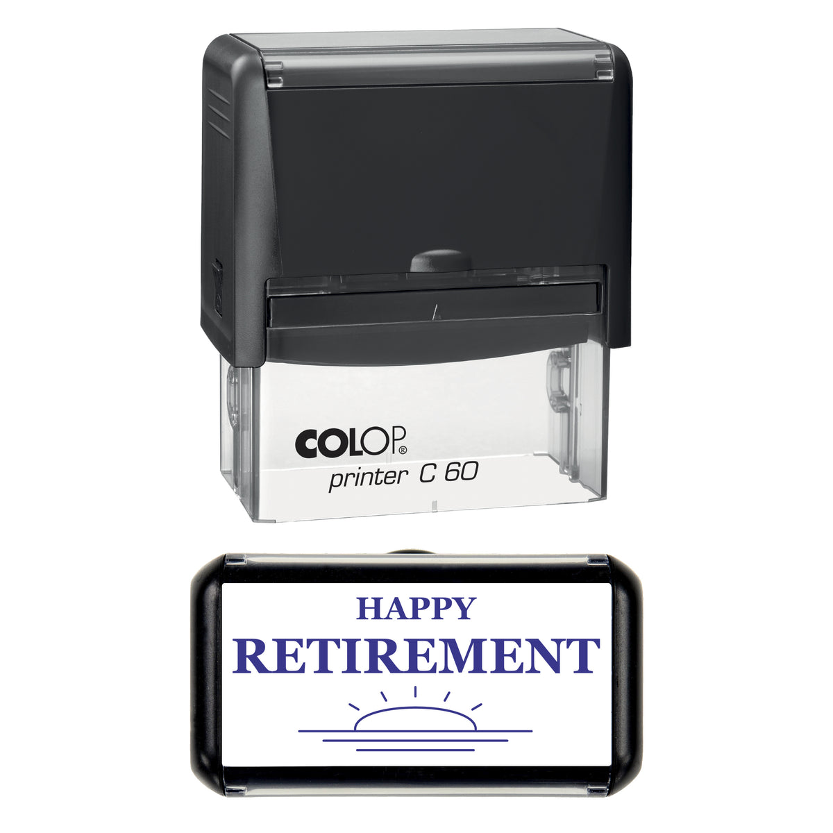 Happy Retirement Sunrise Greeting Stamp, COLOP C60, 77 x 36mm, violet ink
