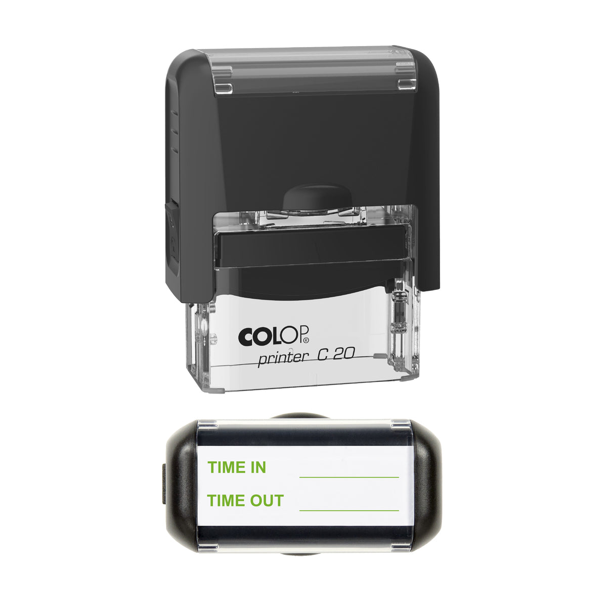 Time In and Time Out Record Stamp, COLOP C20, 37 x 12mm, light_green ink