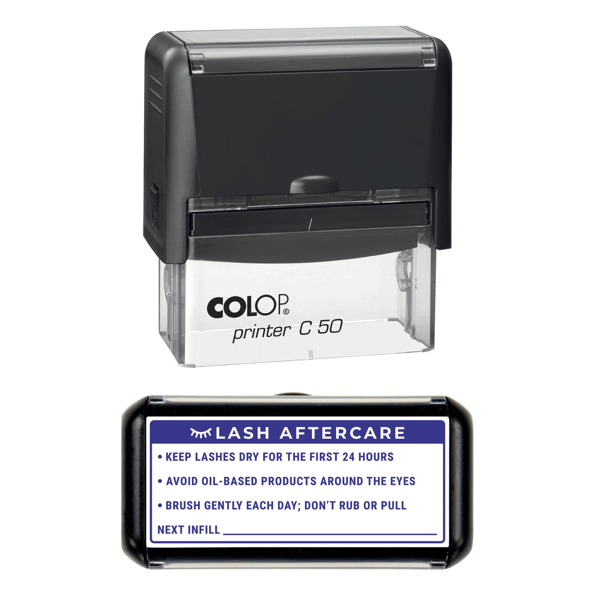 Lash Aftercare Instructions Stamp, COLOP C50, 70 x 30mm, violet ink