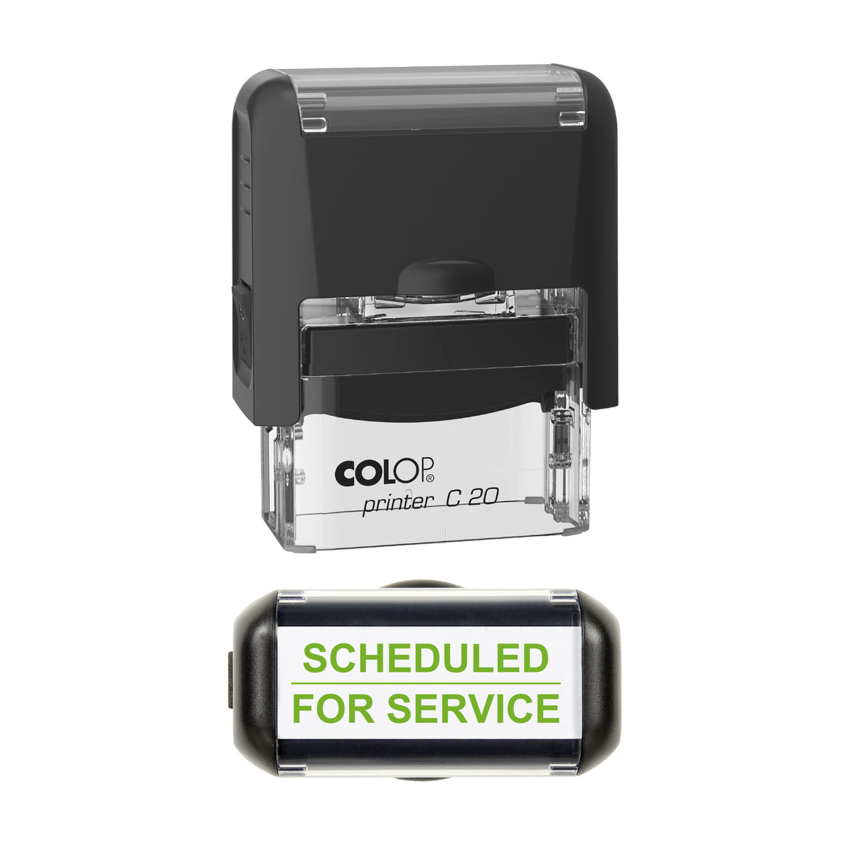 Scheduled For Service Stamp, COLOP C20, 37 x 12mm, light_green ink