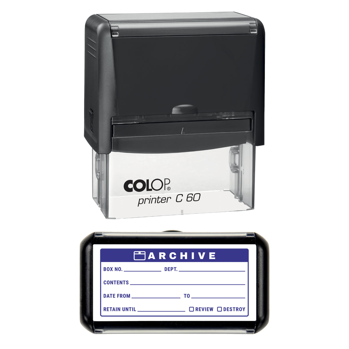 Stamp showing the Archive Box Label design, 77 x 36mm COLOP C60 self-inking stamp, violet ink