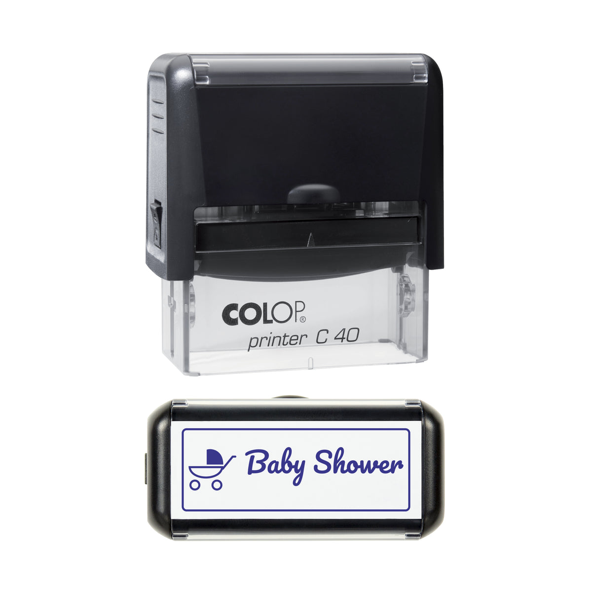 Stamp showing the Baby Shower Pram design, 58 x 22mm COLOP C40 self-inking stamp, violet ink