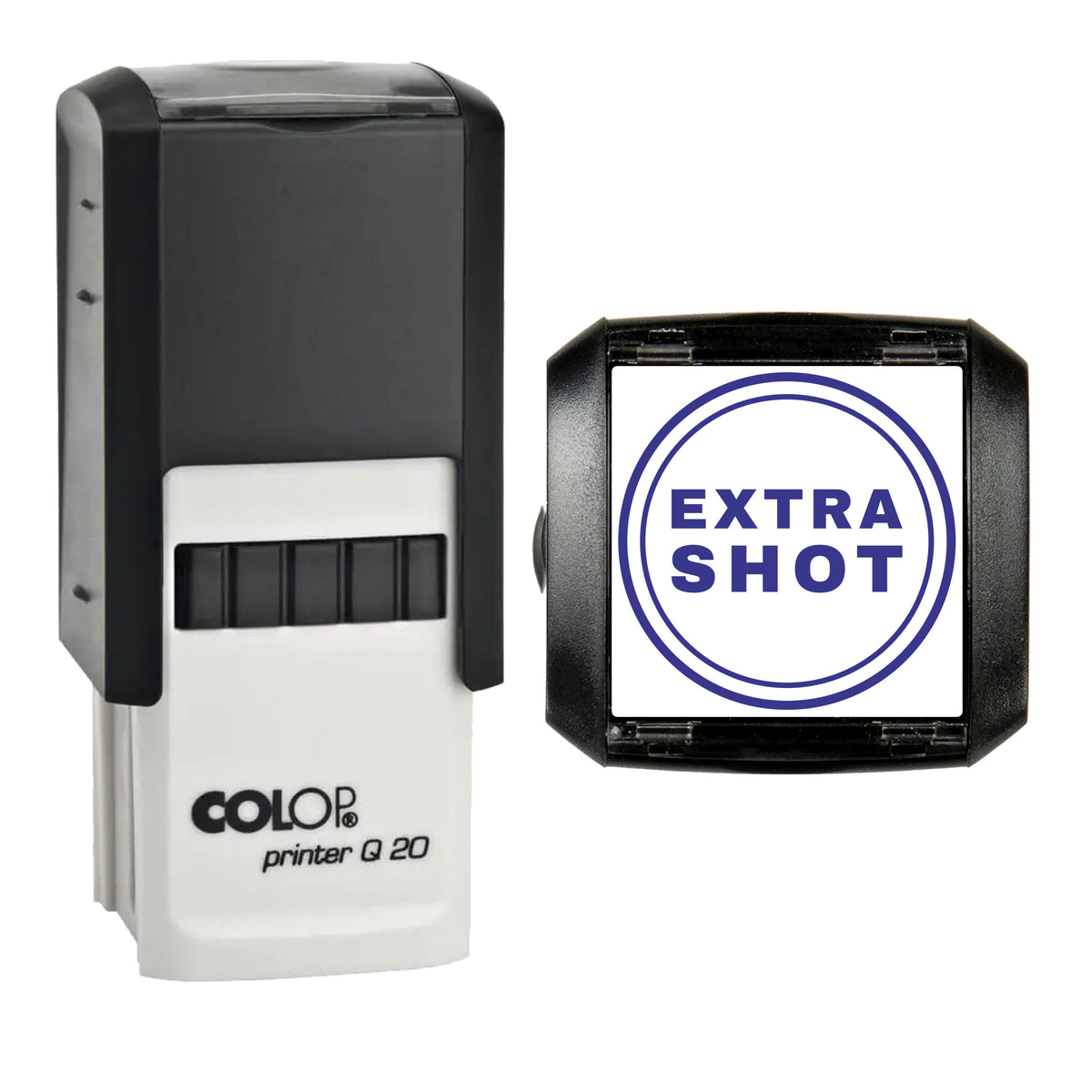 Extra Shot Coffee Label Stamp, COLOP Q20, 20 x 20mm, violet ink