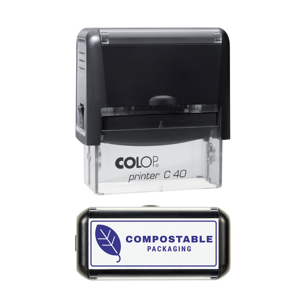 Compostable Packaging Leaf Stamp, COLOP C40, 58 x 22mm, violet ink