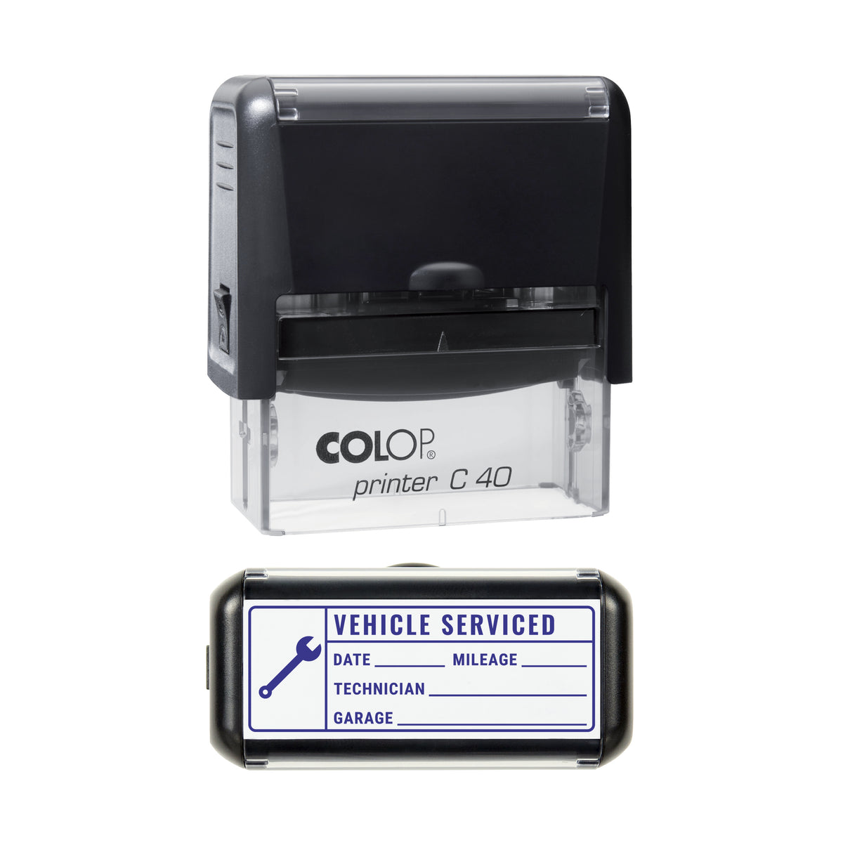 Vehicle Serviced Spanner Record Stamp, COLOP C40, 58 x 22mm, violet ink