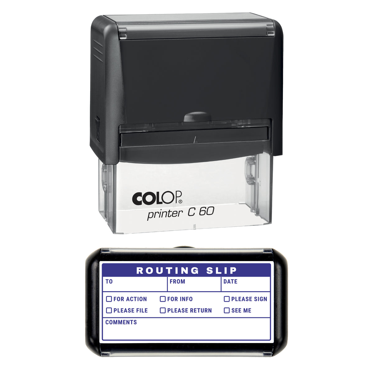 Stamp showing the Document Routing Slip design, 77 x 36mm COLOP C60 self-inking stamp, violet ink