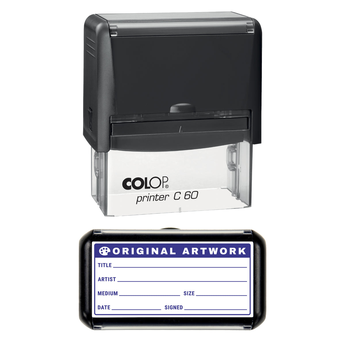 Stamp showing the Original Artwork Details design, 77 x 36mm COLOP C60 self-inking stamp, violet ink