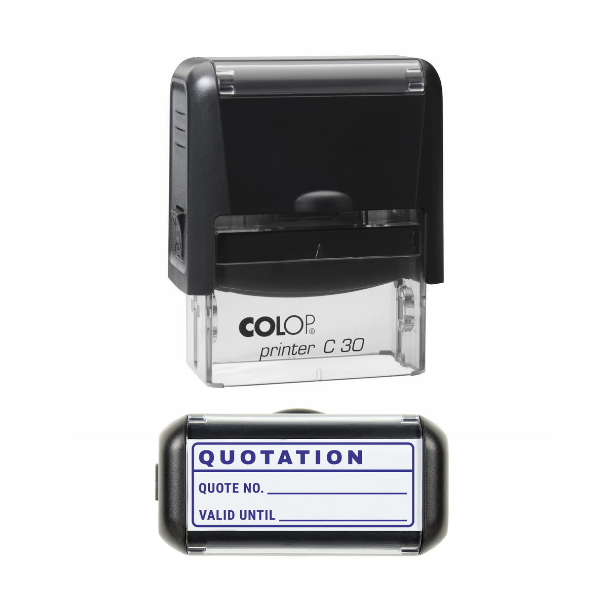 Stamp showing the Quotation Valid Until design, 45 x 18mm COLOP C30 self-inking stamp, violet ink