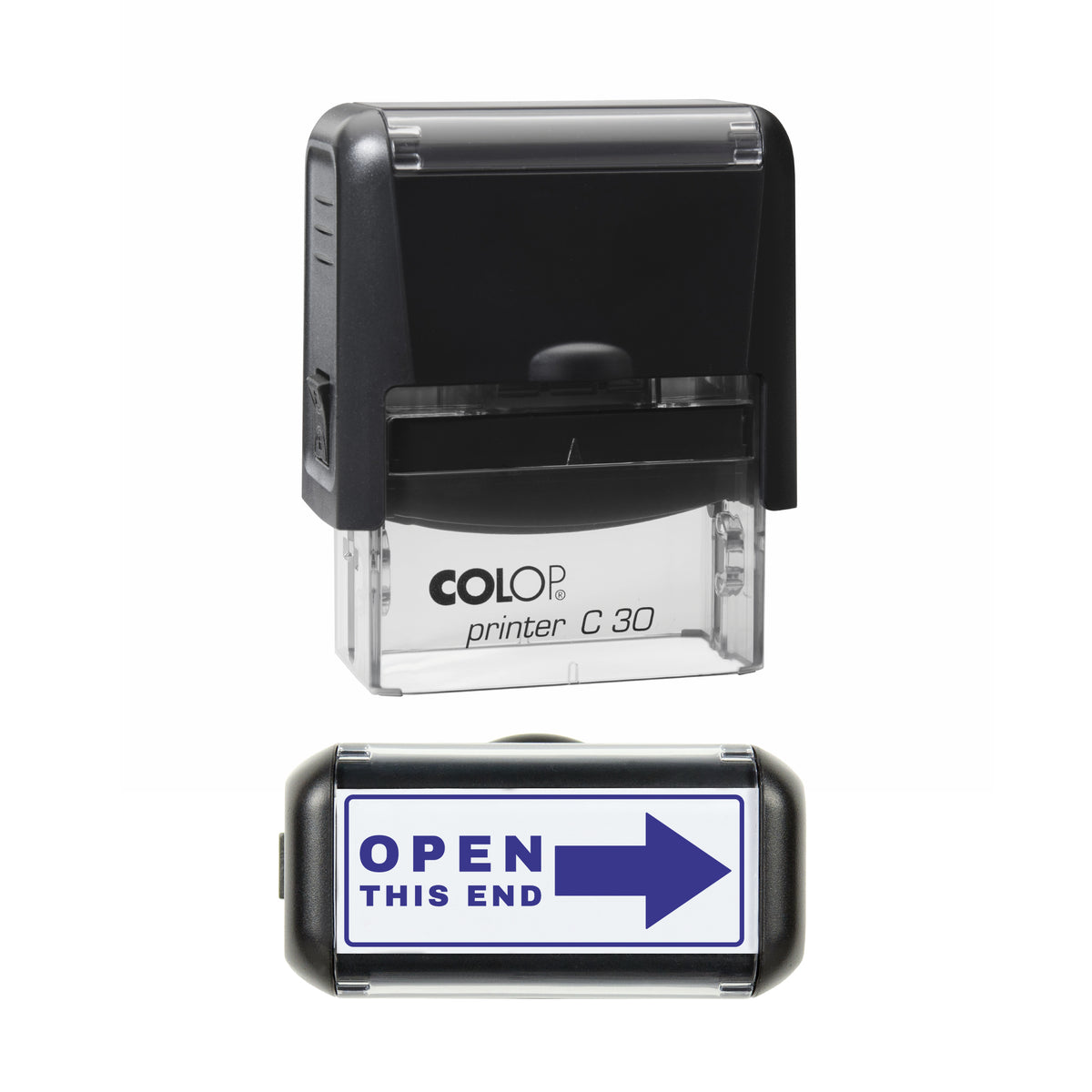 Stamp showing the Open This End Arrow design, 45 x 18mm COLOP C30 self-inking stamp, violet ink
