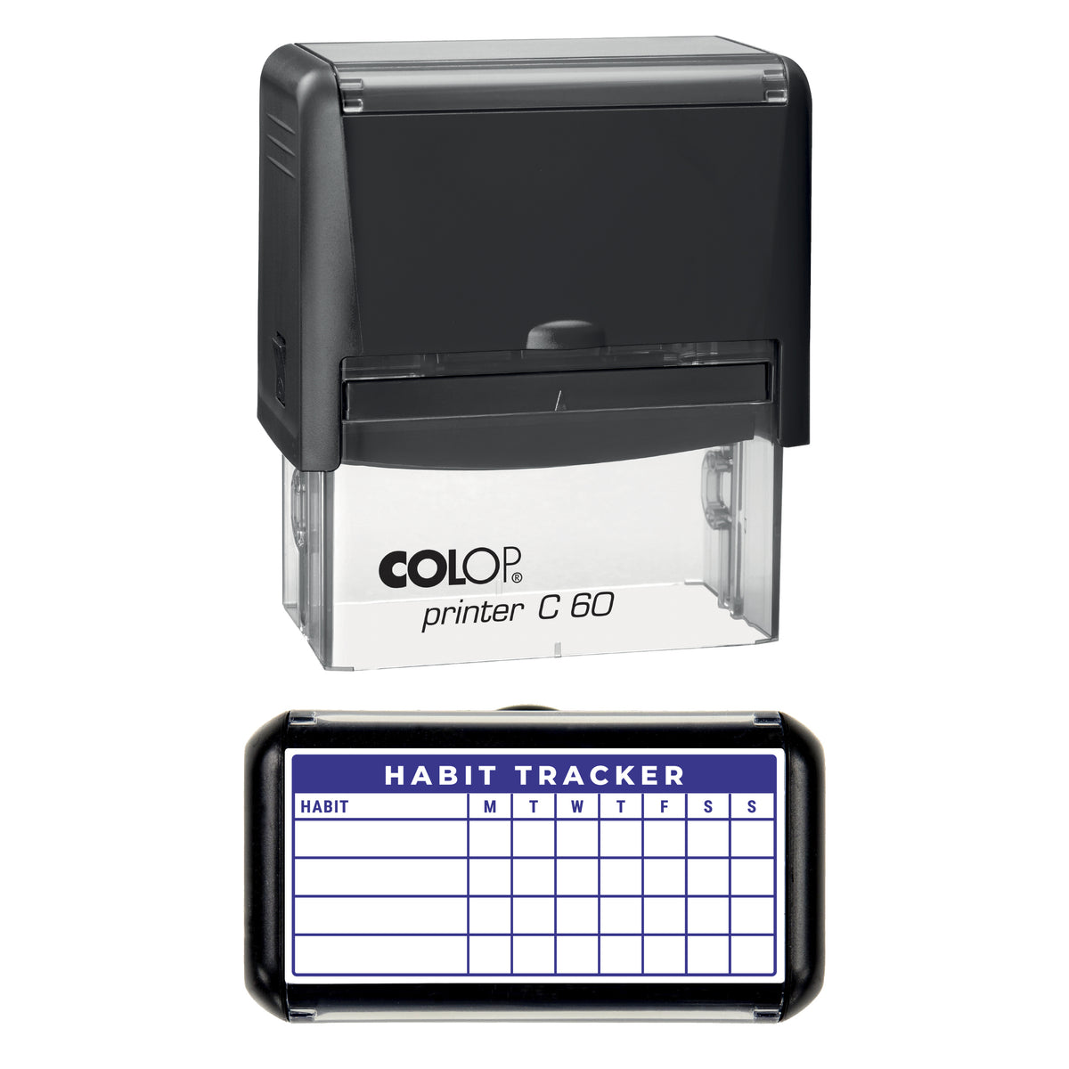 Stamp showing the Weekly Habit Tracker design, 77 x 36mm COLOP C60 self-inking stamp, violet ink