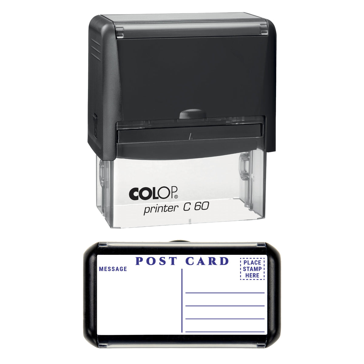Stamp showing the Postcard Back Layout design, 77 x 36mm COLOP C60 self-inking stamp, violet ink