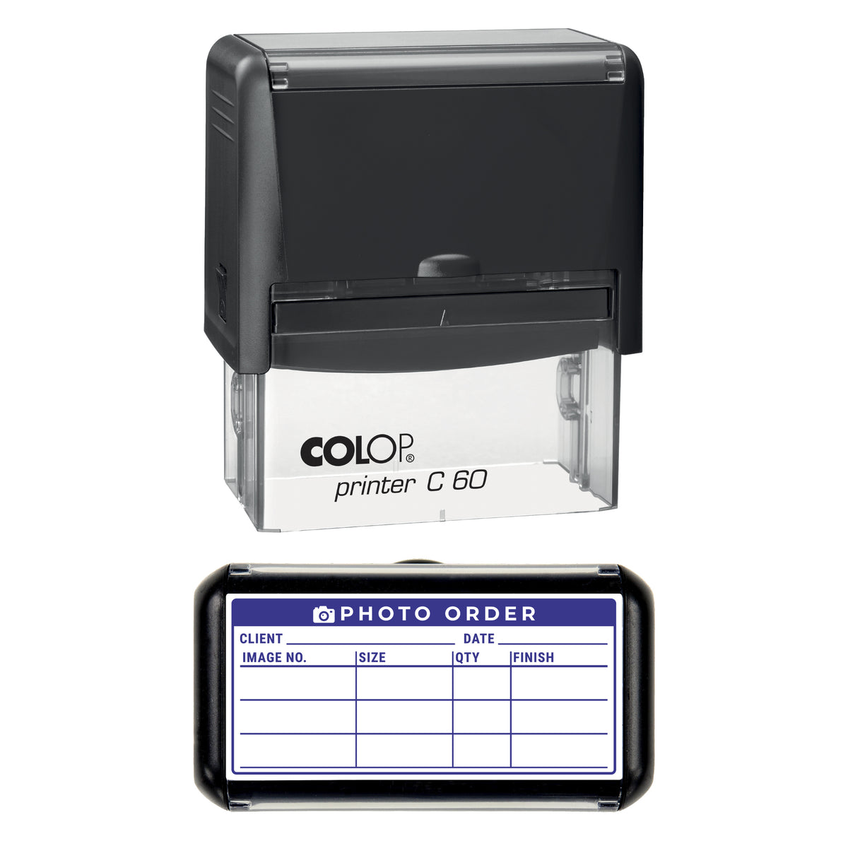 Stamp showing the Photo Order Record design, 77 x 36mm COLOP C60 self-inking stamp, violet ink