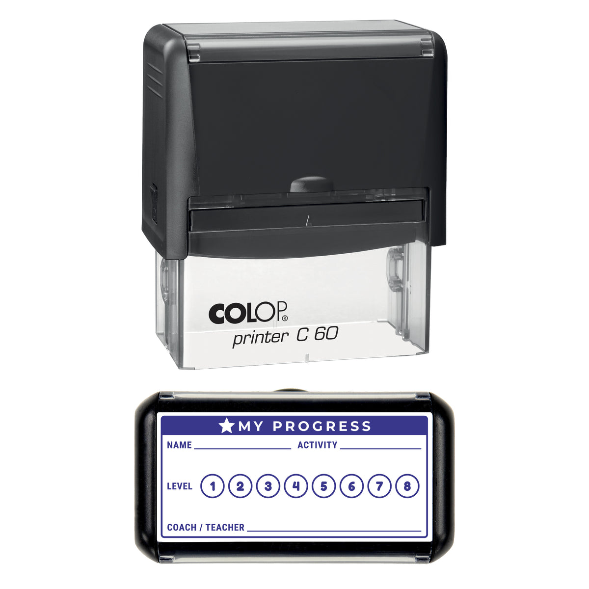 Stamp showing the Activity Progress Record design, 77 x 36mm COLOP C60 self-inking stamp, violet ink