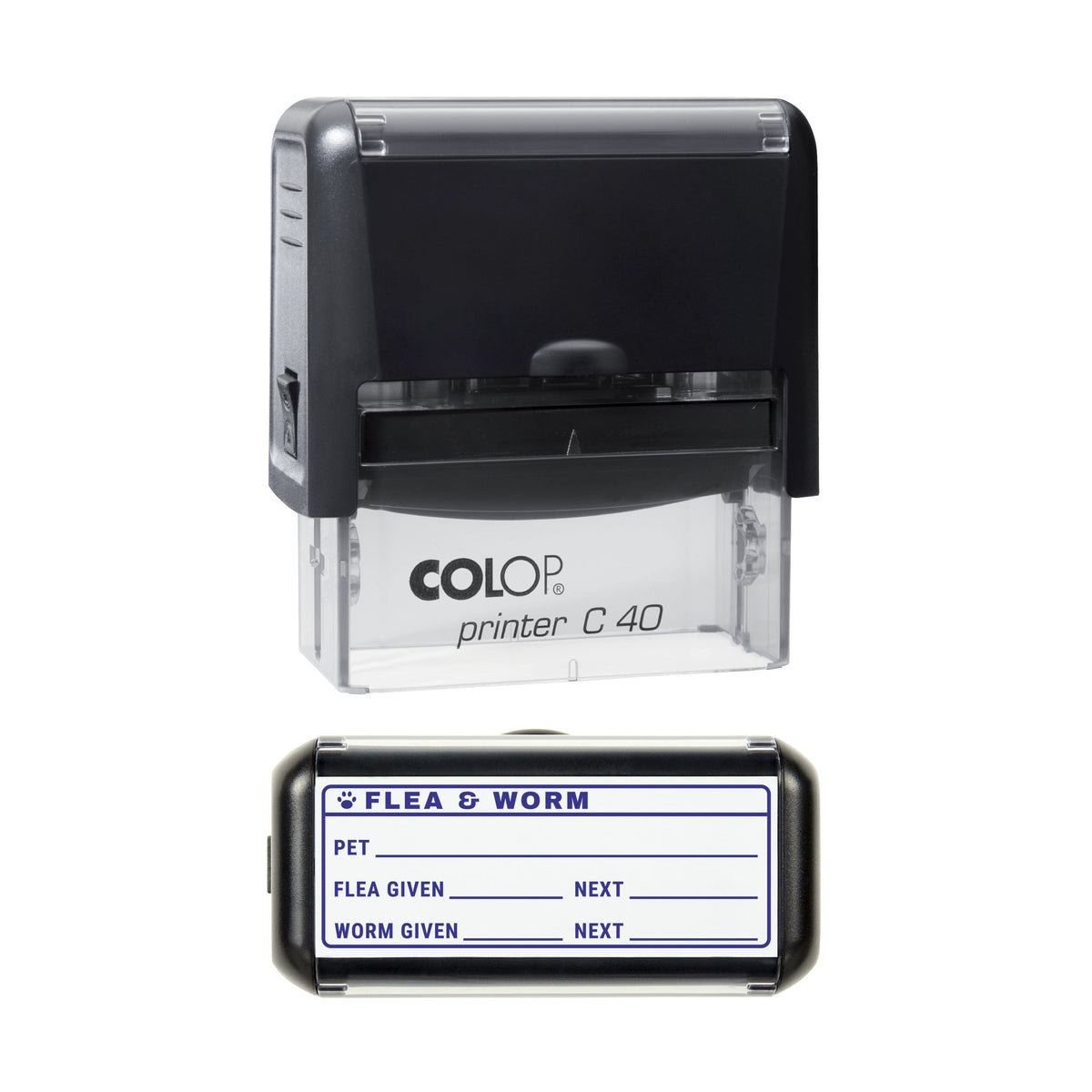 Stamp showing the Pet Flea and Worm Treatment Record design, 58 x 22mm COLOP C40 self-inking stamp, violet ink