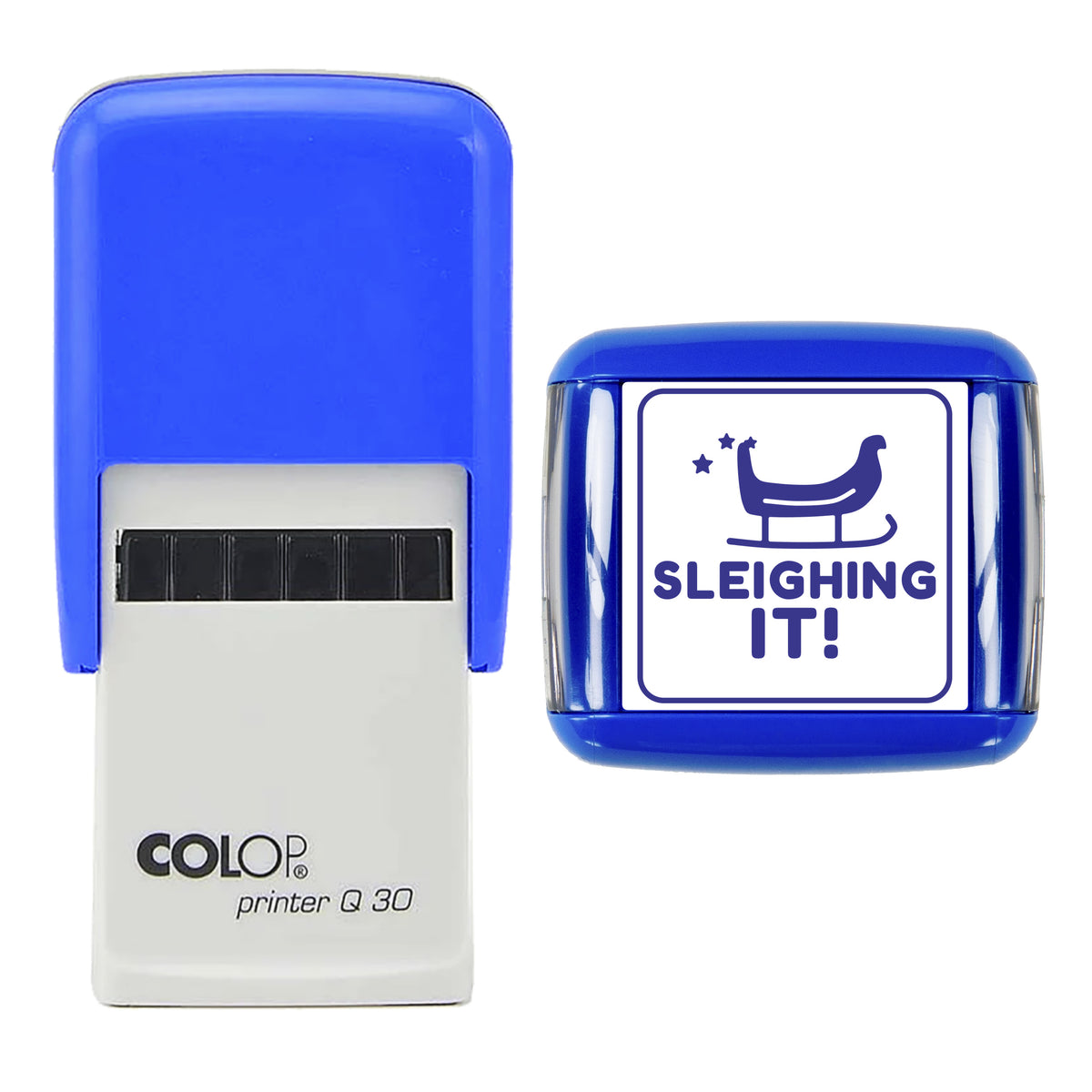 Stamp showing the Sleighing It Christmas Reward design, 30 x 30mm COLOP Q30 self-inking stamp, violet ink