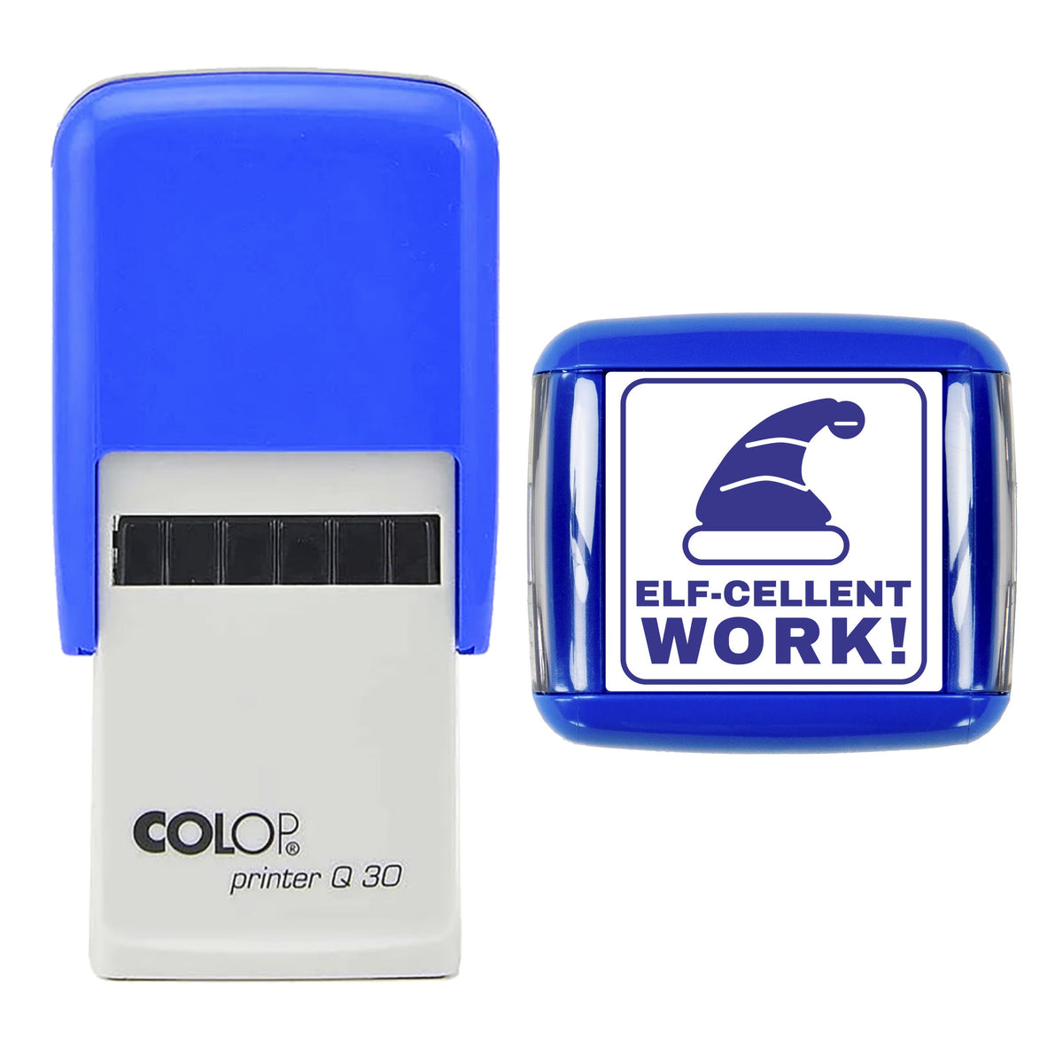 Stamp showing the Elf-cellent Work Christmas Reward design, 30 x 30mm COLOP Q30 self-inking stamp, violet ink
