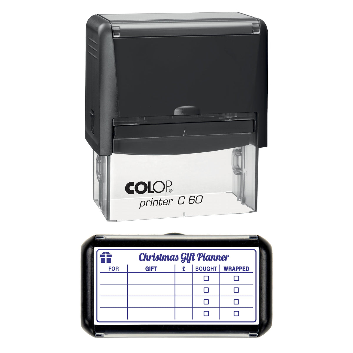 Stamp showing the Christmas Gift Planner design, 77 x 36mm COLOP C60 self-inking stamp, violet ink