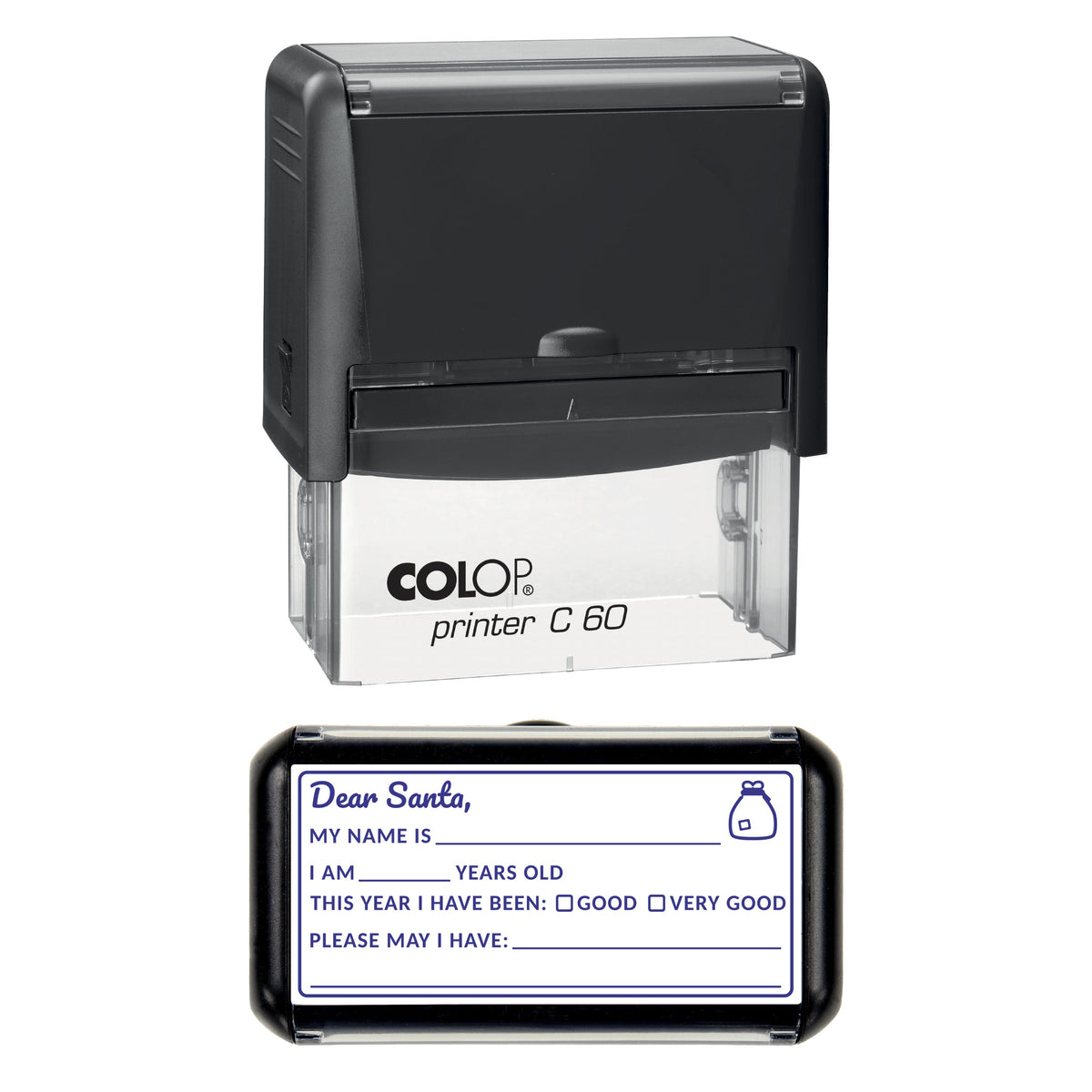 Stamp showing the Letter to Santa Christmas Write-In design, 77 x 36mm COLOP C60 self-inking stamp, violet ink