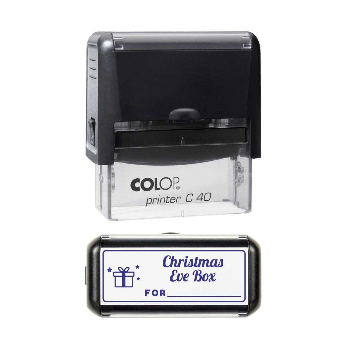 Stamp showing the Christmas Eve Box Write-In Label design, 58 x 22mm COLOP C40 self-inking stamp, violet ink