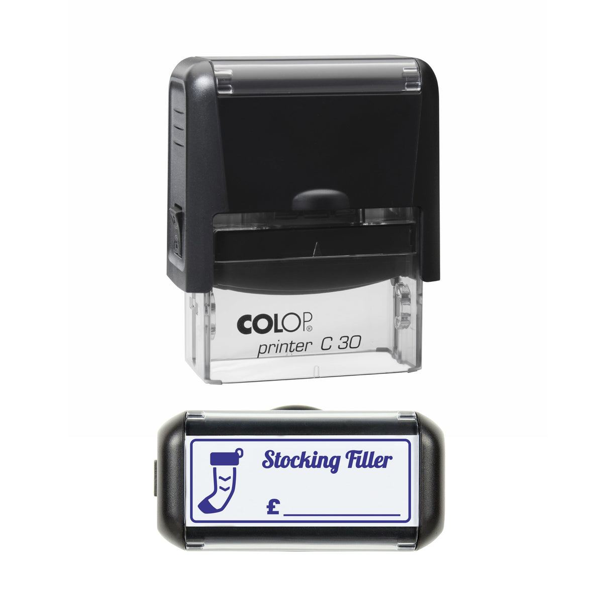 Stamp showing the Christmas Stocking Filler Price design, 45 x 18mm COLOP C30 self-inking stamp, violet ink