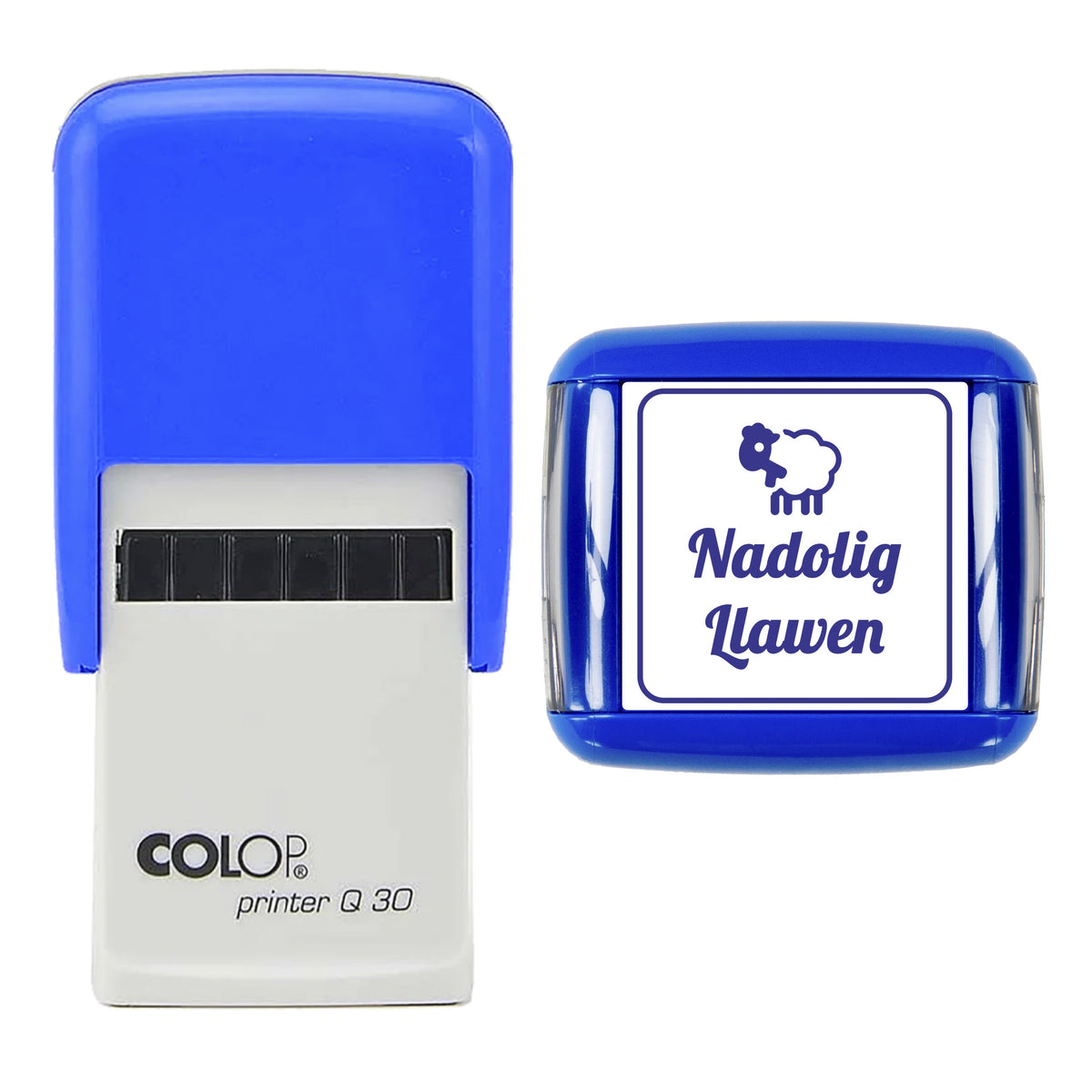 Stamp showing the Nadolig Llawen Welsh Christmas design, 30 x 30mm COLOP Q30 self-inking stamp, violet ink
