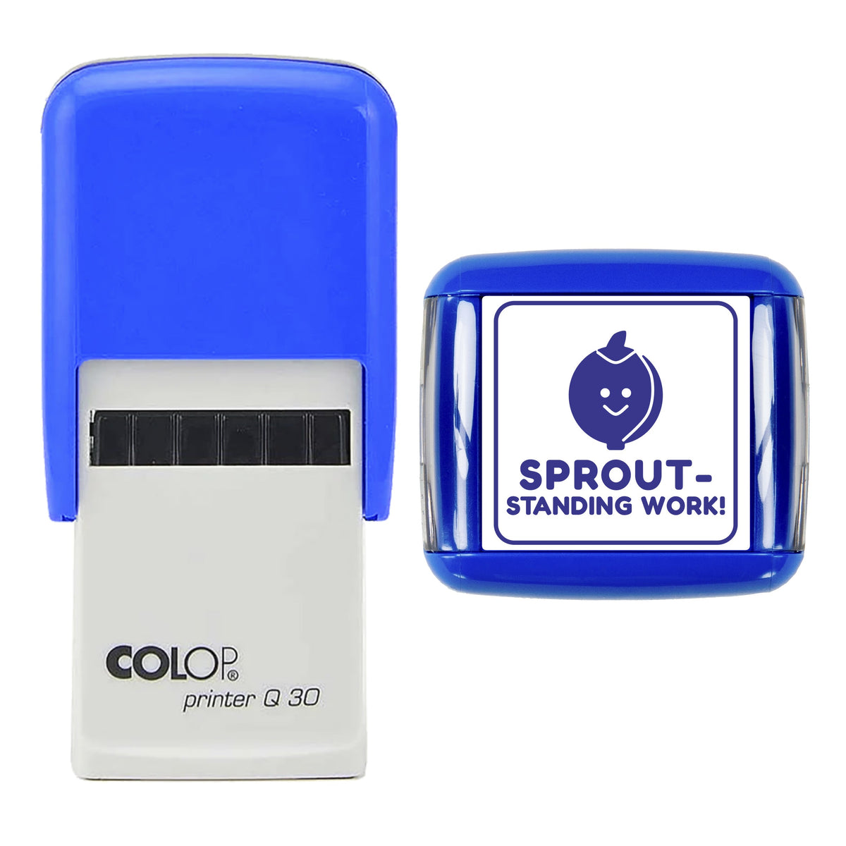 Stamp showing the Sprout-standing Work Christmas Reward design, 30 x 30mm COLOP Q30 self-inking stamp, violet ink