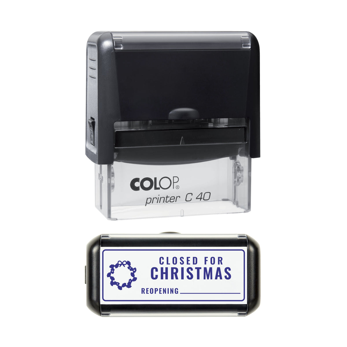 Stamp showing the Closed for Christmas design, 58 x 22mm COLOP C40 self-inking stamp, violet ink