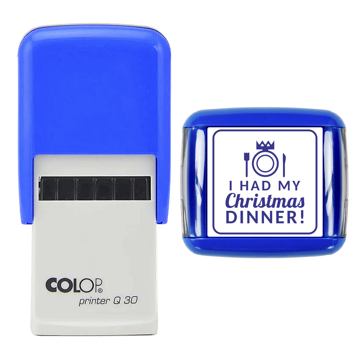 Stamp showing the I Had My Christmas Dinner design, 30 x 30mm COLOP Q30 self-inking stamp, violet ink