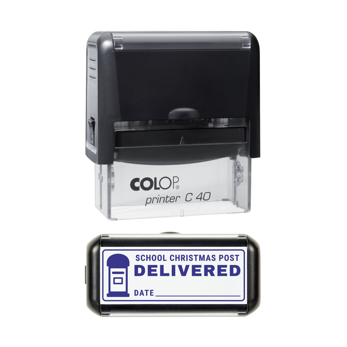 Stamp showing the School Christmas Post Delivered design, 58 x 22mm COLOP C40 self-inking stamp, violet ink