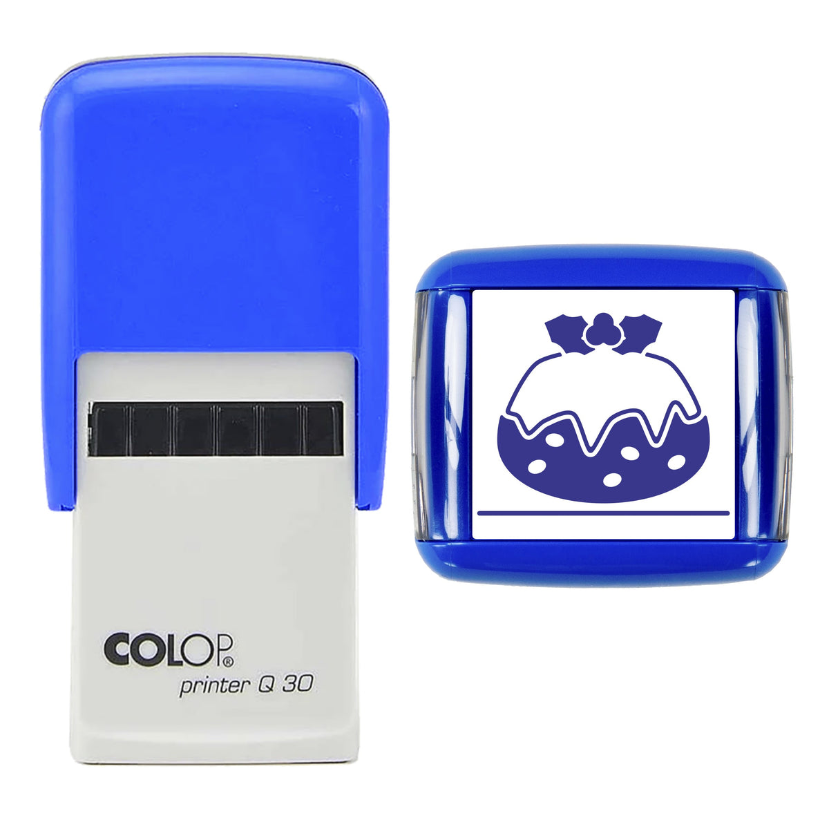 Stamp showing the Christmas Pudding Illustration design, 30 x 30mm COLOP Q30 self-inking stamp, violet ink
