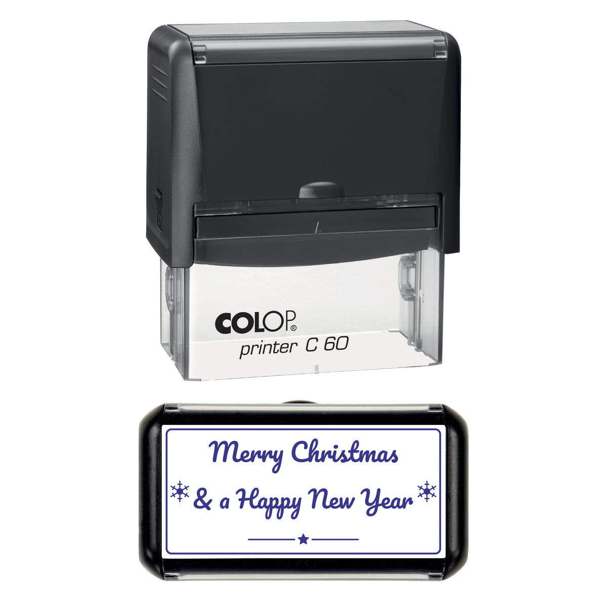 Stamp showing the Merry Christmas and a Happy New Year design, 77 x 36mm COLOP C60 self-inking stamp, violet ink