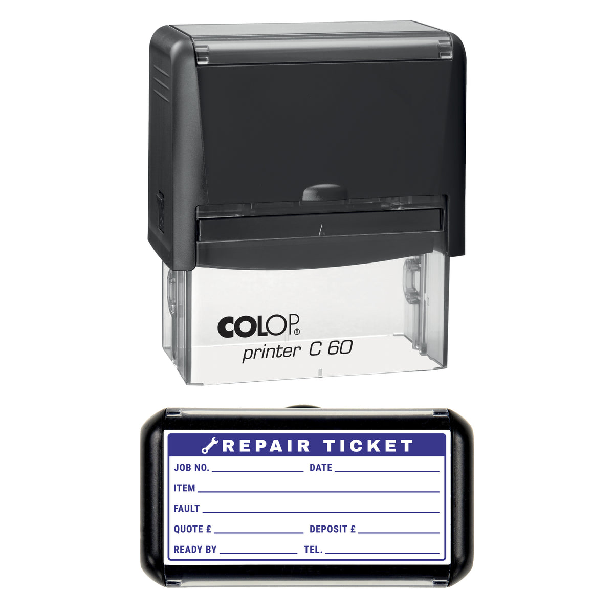 Repair Ticket Stamp, COLOP C60, 77 x 36mm, violet ink
