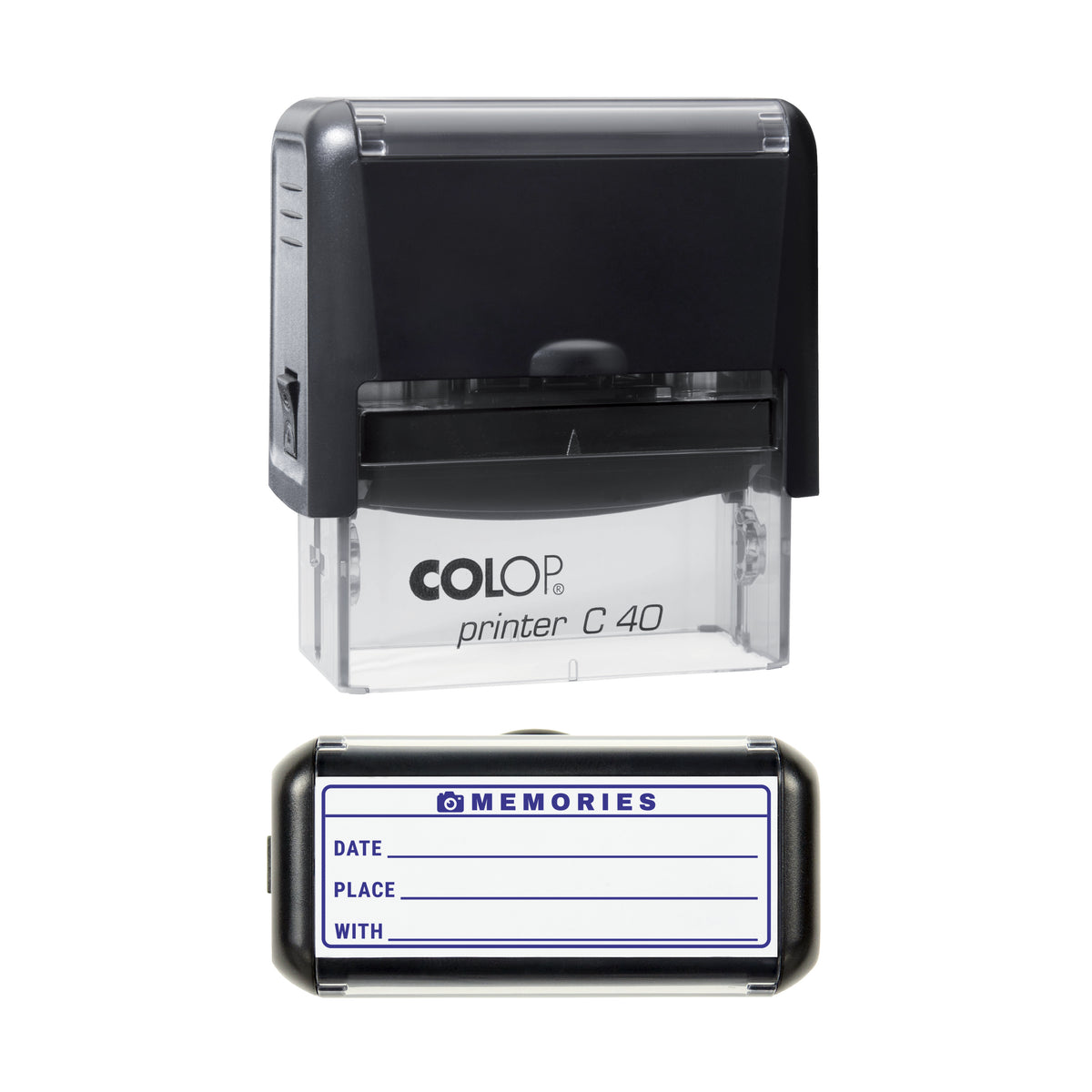 Memories Date Place With Journal Stamp, COLOP C40, 58 x 22mm, violet ink