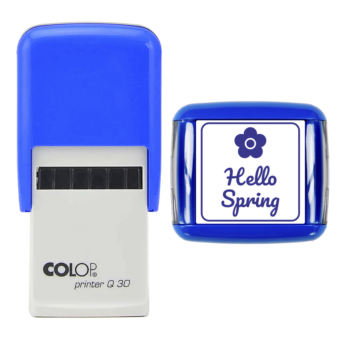 Hello Spring Flower Stamp, COLOP Q30, 30 x 30mm, violet ink