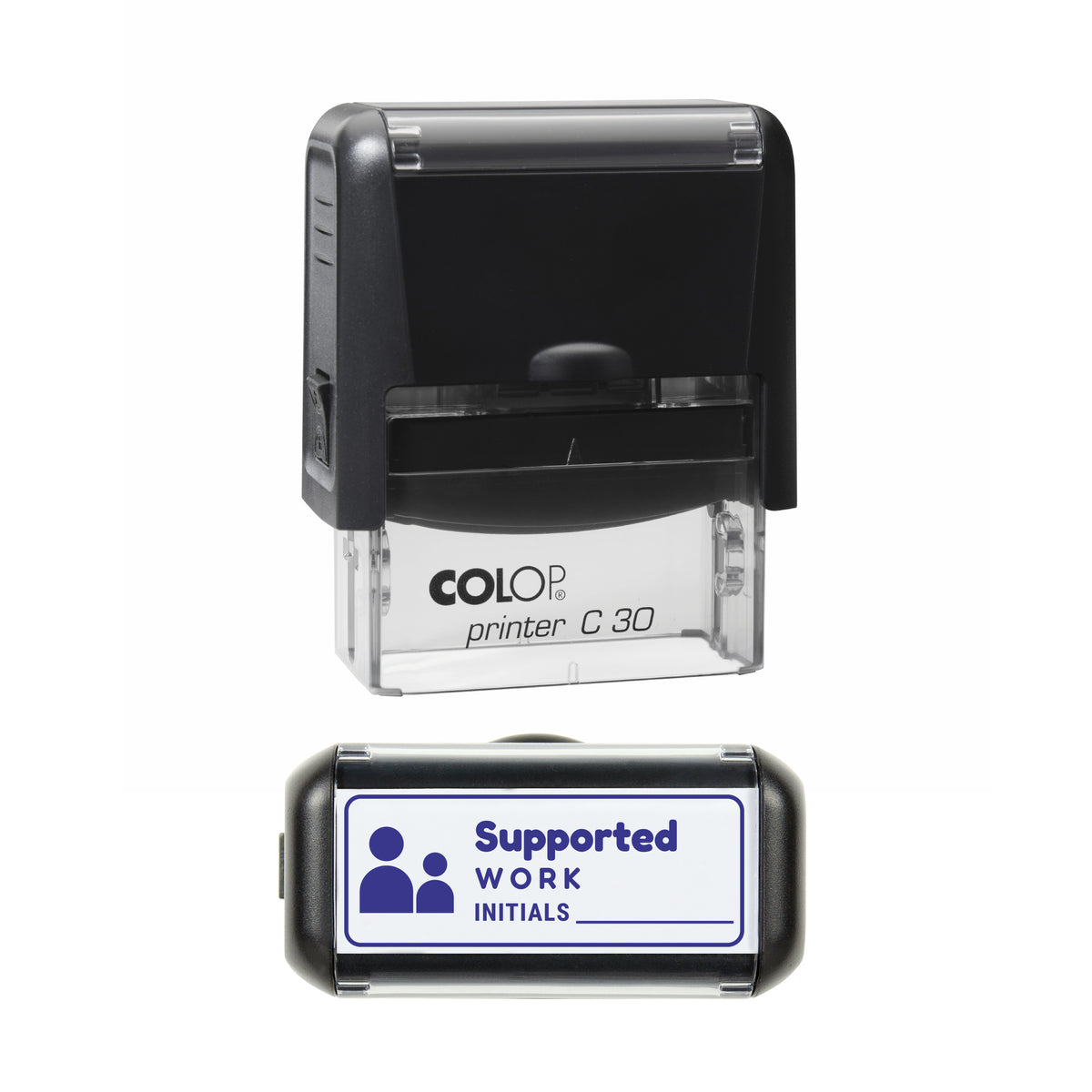 Supported Work Initials Record Stamp, COLOP C30, 45 x 18mm, violet ink