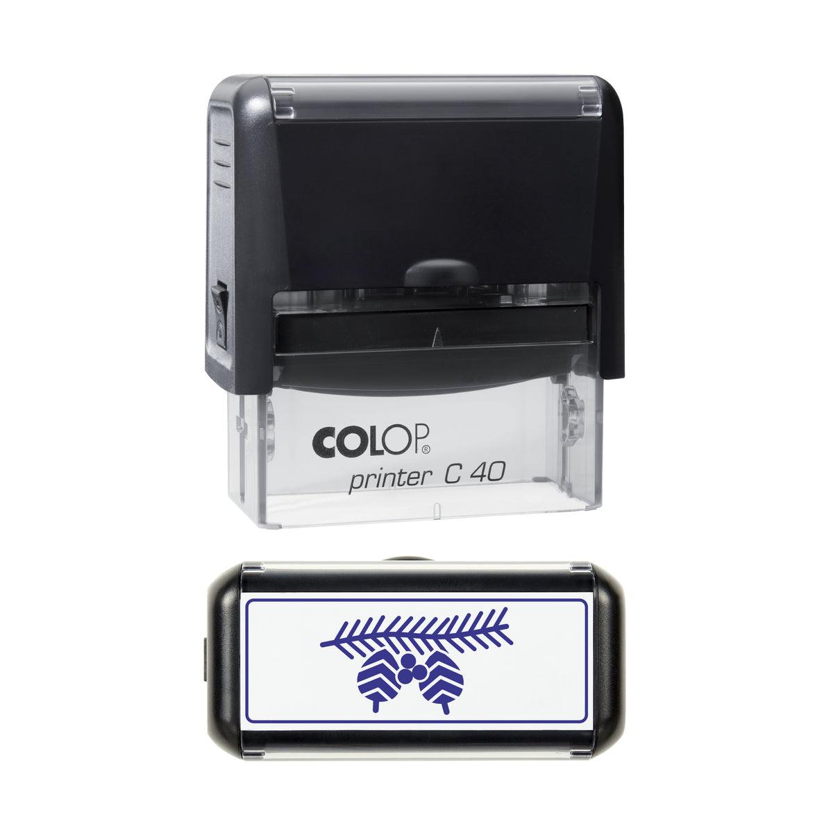 Pine Cone and Berry Sprig Christmas Art Stamp, COLOP C40, 58 x 22mm, violet ink