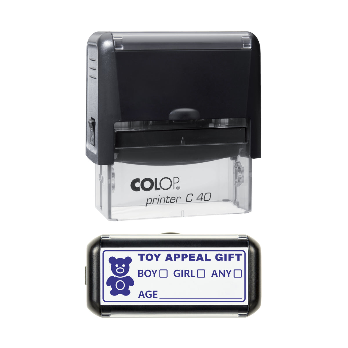 Christmas Toy Appeal Gift Label Stamp, COLOP C40, 58 x 22mm, violet ink