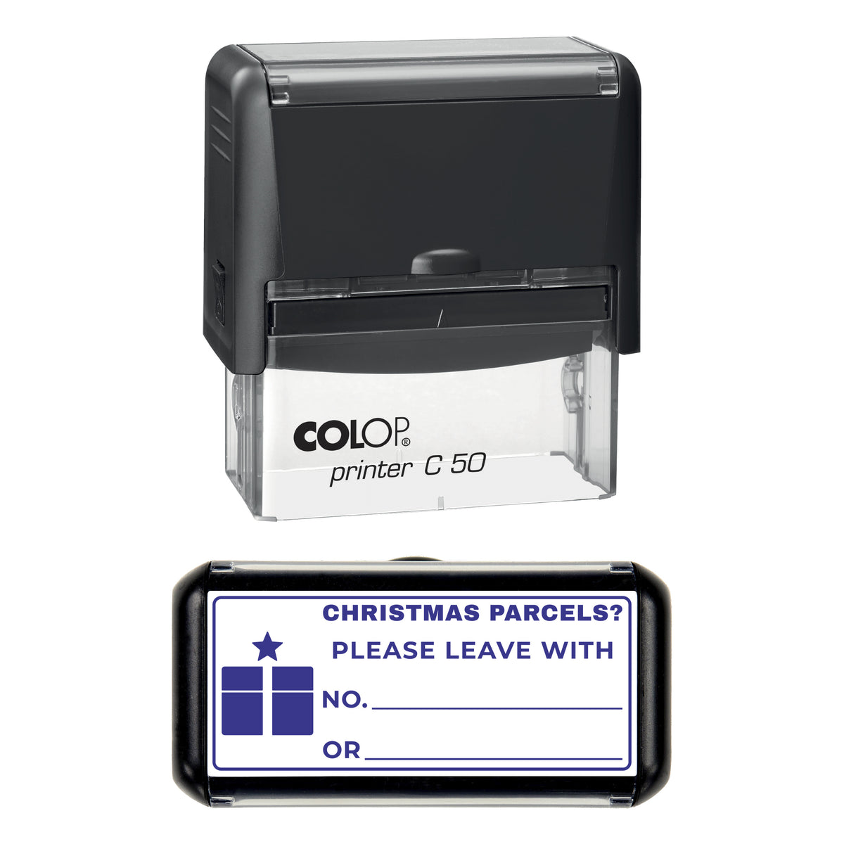 Christmas Parcels Please Leave With Stamp, COLOP C50, 70 x 30mm, violet ink