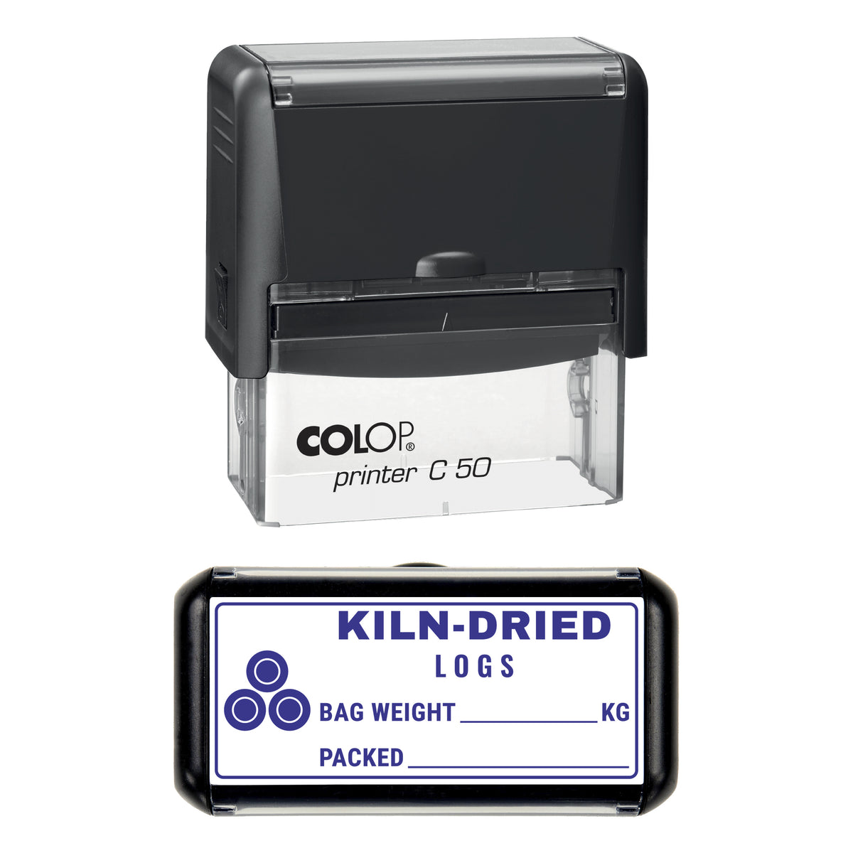 Kiln-Dried Logs Bag Label Stamp, COLOP C50, 70 x 30mm, violet ink